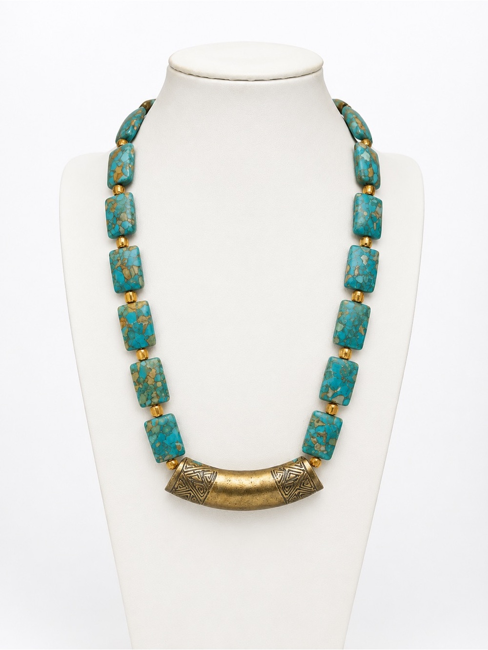 Vintage Southwestern Gold Tone Stabilized Turquoise Stone Statement Necklace